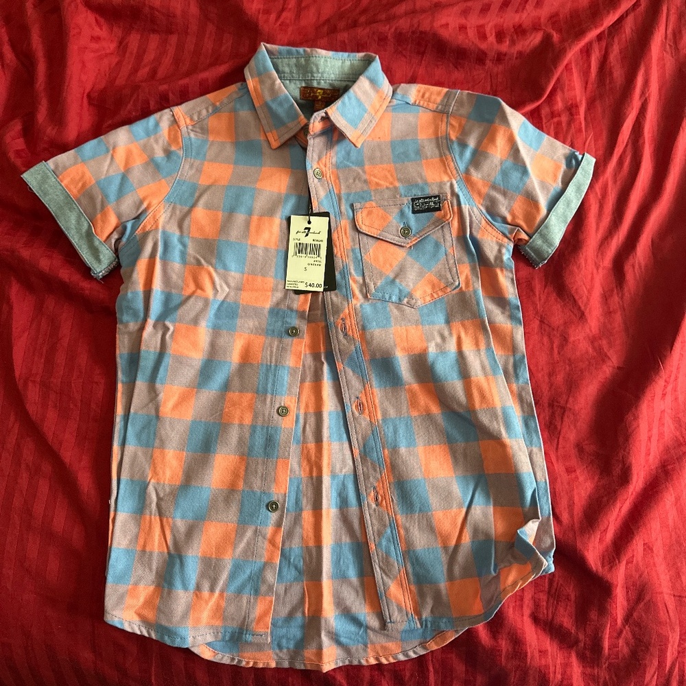 7 For All Mankind shell gingham short sleeve button-up shirt